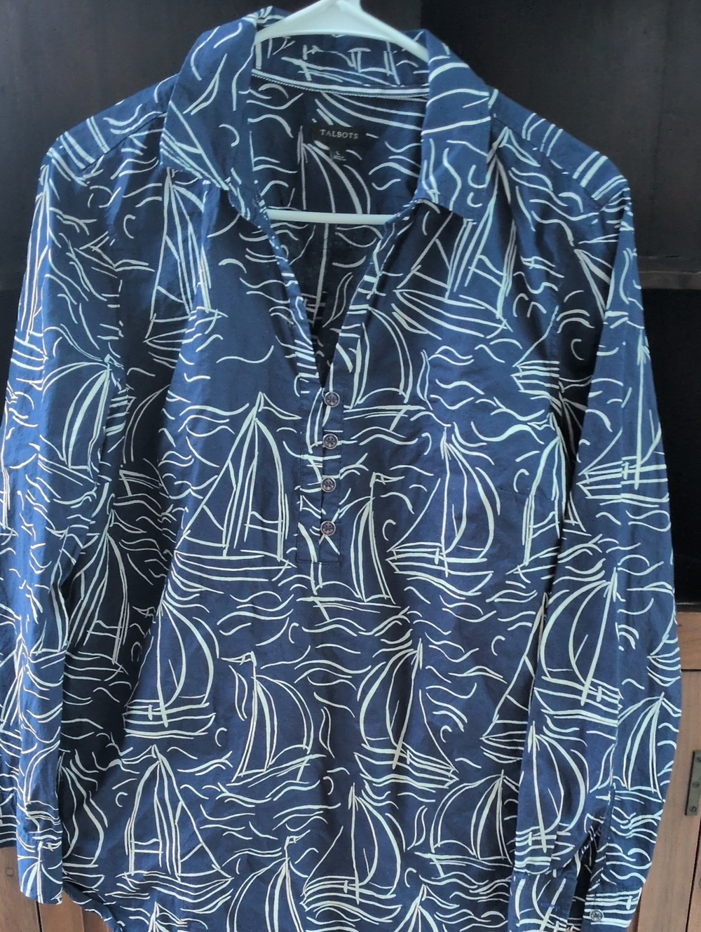Talbots Navy and White Sailboat-Print Button Front Shirt - Size L